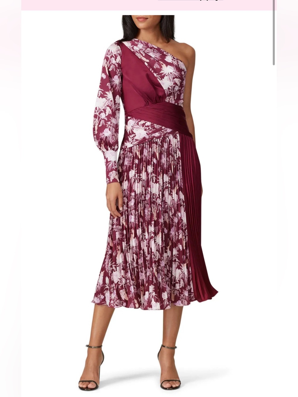 Three Floor Xilitla dress one-Shoulder Pleated Floral Midi Burgundy wine size 4